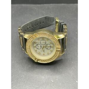 Techno Pavé Gold-Tone Chronograph Luxury Wristwatch Diamond Accent Black Band